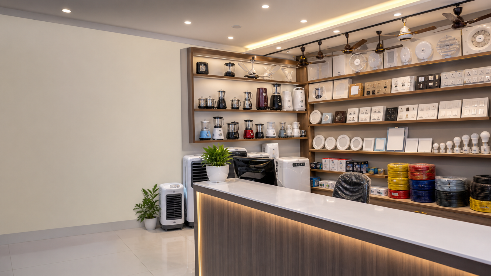 Modern electronics shop interior with fans, switches, LEDs, mixers and wire coils on display